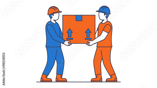 Box lifting collaborative teamwork: Two workers with safety helmet working together to lift a big carton box with up arrows sign, symbolizing teamwork in moving or delivering goods.