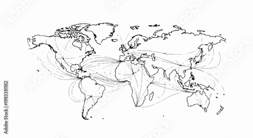 Global trade routes depicted as curved lines connecting continents and islands on a world map
