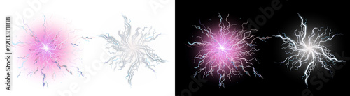 PNG image of Radiant pink and bright white electrical lightning explosions captured as high voltage energy bursts on transparent background
