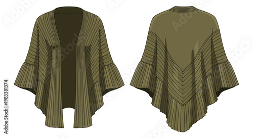 The image shows a fashion flat drawing of a modern women's short wrap cardigan with elegant pleated sleeves and a relaxed open front. This chic
