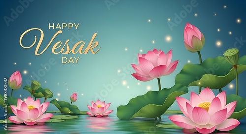Happy vesak day celebration with blooming lotus flowers on serene water background. Vesak, Buddha Day, Buddha Purnima, Buddha Jayanti - Buddhist Sacred Holiday, Birth of Gautama Buddha Celebration 