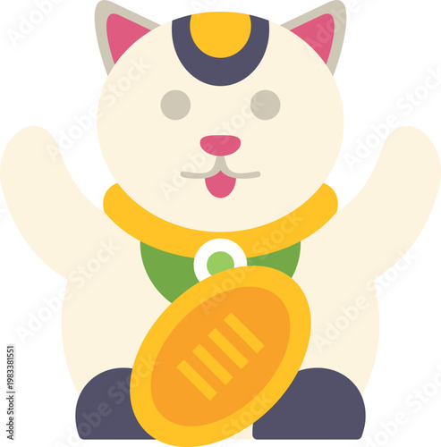 White maneki neko golden coin bringing luck and prosperity