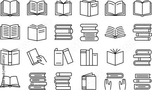 Collection of book icons, open and closed books, stack of books, hand holding book