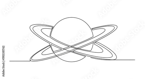 Abstract planet with orbiting rings depicted in single continuous line art