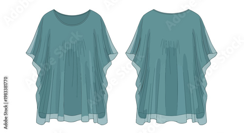 Technical illustration of a fluid teal women's tunic blouse design featuring elegant neckline gathers and relaxed short sleeves