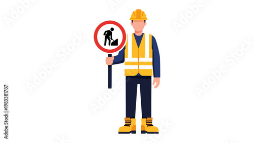 Construction Worker With Sign: A construction worker stands, holding a warning sign to alert people about ongoing road work, wearing essential safety gear.
