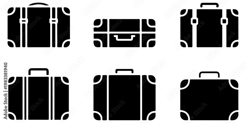 Ταπετσαρία Minimal travel suitcase luggage icon set in flat black silhouette style with dif