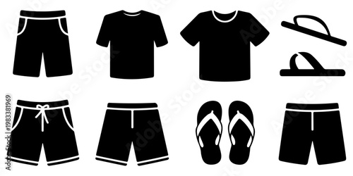 Minimal summer clothing icon set including t shirts tank tops shorts and flip flops in flat black silhouette style for seasonal fashion