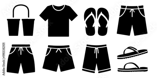 Minimal summer clothing icon set including t shirts tank tops shorts and flip flops in flat black silhouette style for seasonal fashion