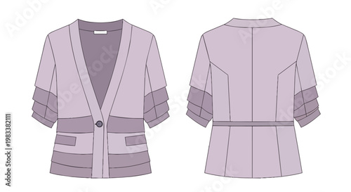 Detailed fashion technical flat drawing of a modern women's short-sleeve blazer featuring layered cuffs, button closure for contemporary