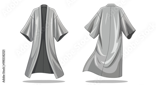 Minimalist grey open-front robe illustration, detailing the flowing front design and the graceful back silhouette of this versatile garment, ideal