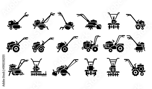 Photography Minimal garden tiller and cultivator icons black silhouette walk behind tractor