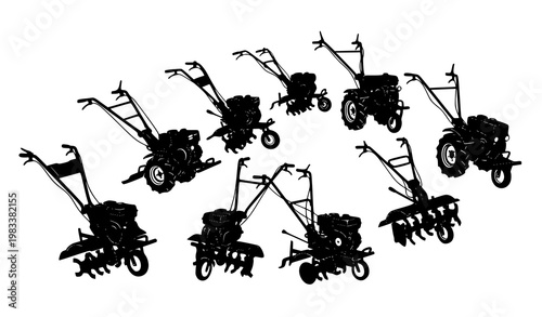 Agricultural tiller and mini tractor silhouettes with cultivator machines black vector illustration set