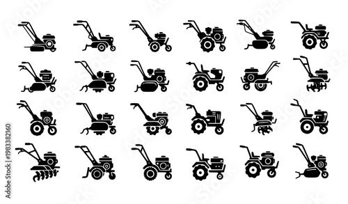 Garden tillers and cultivators black silhouette icon set with walk behind machines and mini tractors