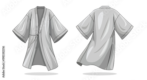 Clean vector illustration of a versatile light grey kimono-style robe, presented from both front and back perspectives, emphasizing its relaxed