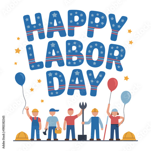 Celebration of Labor: A vibrant illustration for Labor Day, featuring diverse workers united in a celebratory gesture, set against a cheerful backdrop of stars and balloons.