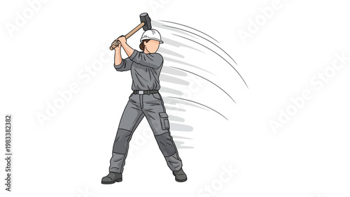 Striking Worker in Action: A worker in protective gear swings a sledgehammer with focused determination. Capturing the essence of hard work, construction, and power.