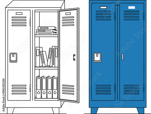 Lockers Set Illustration Featuring Open and Closed Storage Units with Books and Files, Ideal for Office, School, and Organization Themes in Digital Designs