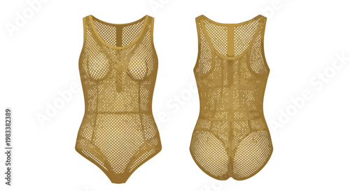 Luxurious golden mesh full-body lingerie piece showcasing intricate open-knit fashion design