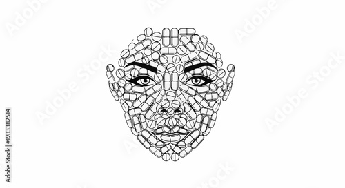 Face formed from various pills and capsules in outline sketch