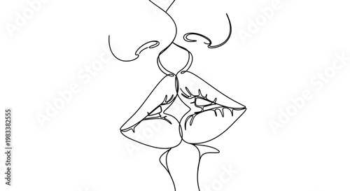 Minimalist line art of two faces in an intimate kiss