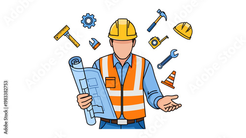 Construction Visionary: A skilled construction worker, equipped with a blueprint, stands surrounded by tools of his trade, symbolizing expertise and building