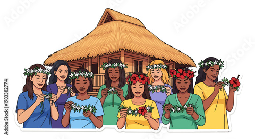 Diverse women in traditional floral garlands standing in front of hut