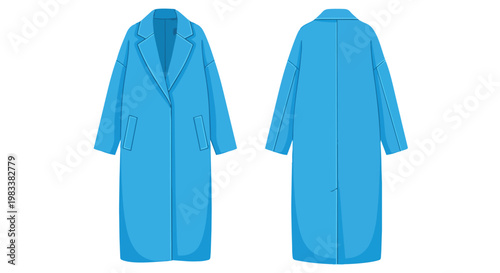 Modern women's elegant cyan long overcoat flat vector illustration showcasing front and back views of contemporary outerwear design on a clean white