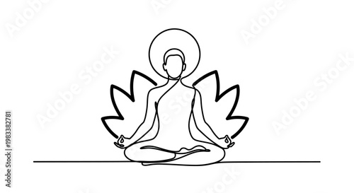 Single-line drawing of a figure in lotus pose with halo and lotus petals