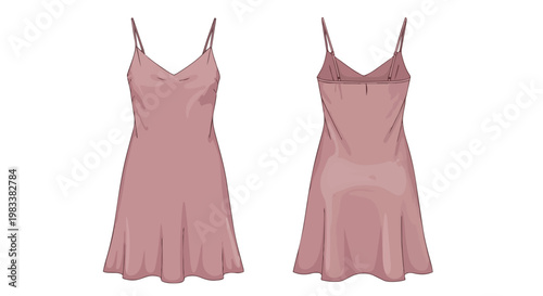 Elegant mauve slip dress flat lay vector illustration showcasing both front and back views. This versatile garment offers comfort and style for