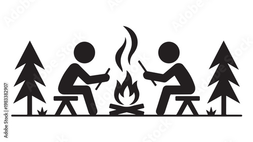 Two People Sitting By Campfire In Forest For Outdoor Adventure Concepts