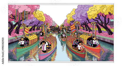 Vibrant Boats on Serene Canal with Cherry Blossoms