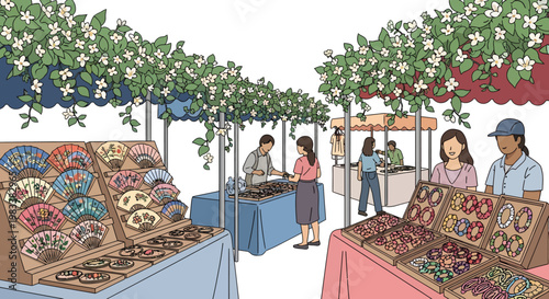 Vibrant outdoor market with colorful textiles and people shopping