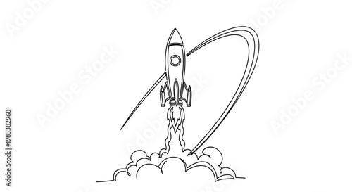 Stylized rocket launch with dynamic trails and smoky exhaust