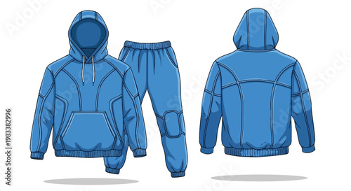 A striking blue athletic tracksuit vector artwork featuring a hooded sweatshirt with drawstring and matching jogger pants, perfect for sportswear
