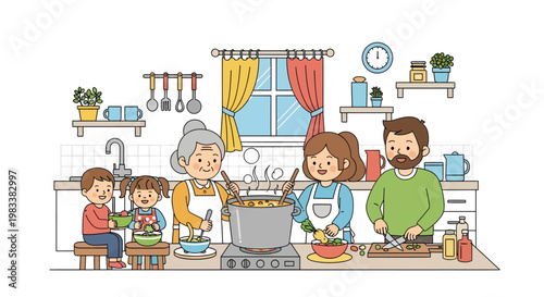 Family cooking together in a kitchen with a large pot