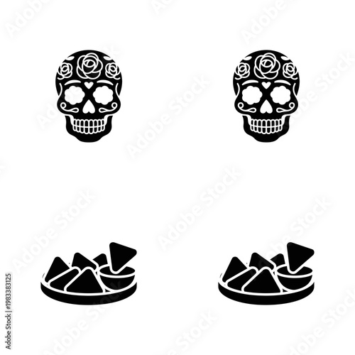 Two Day of the Dead skulls and two plates of nachos with salsa sugar skull