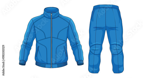 Stylish blue activewear tracksuit vector graphic with a jacket and matching pants, perfect for athletic apparel concepts and leisure fashion designs
