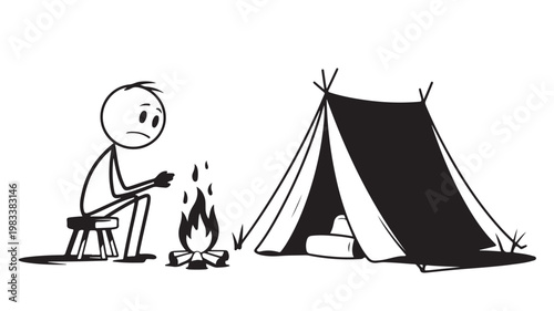 Lonely Man Sitting By Campfire Next To Tent For Wilderness Survival Concepts