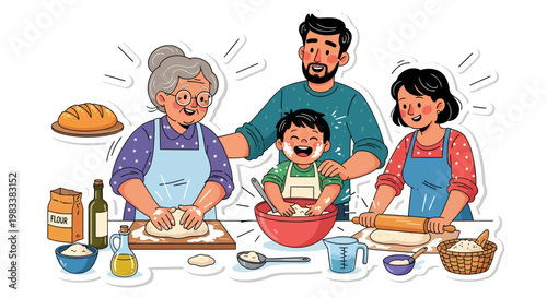 happy family baking together at home with aprons on