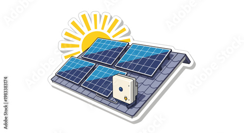 Solar panel on roof with sun, renewable energy concept
