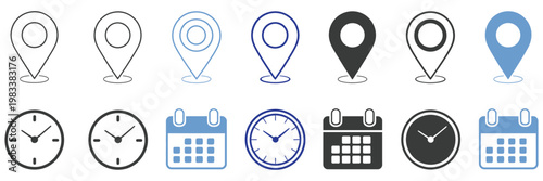 Map pin, calendar, and clock icon collection, vector set for navigation, geolocation, and scheduling, appointment and time management symbols on transparent background, simple modern design.