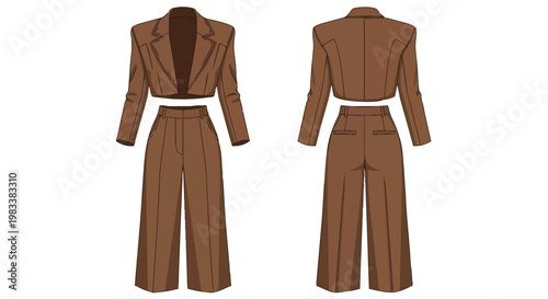 Stylish women's cropped blazer and wide-leg trousers ensemble in a rich earthy brown hue for modern fashion illustrations. A chic two-piece clothing