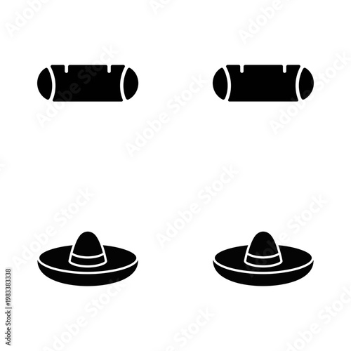 Four black of sombrero hats and logs on a white background wood cylinder