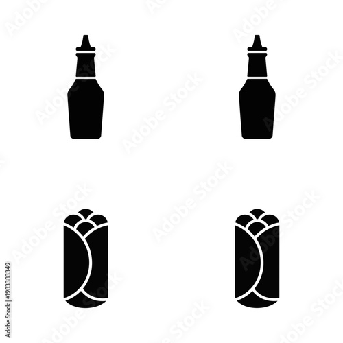 Two black ketchup bottles and two black burritos on a white background sauce condiment