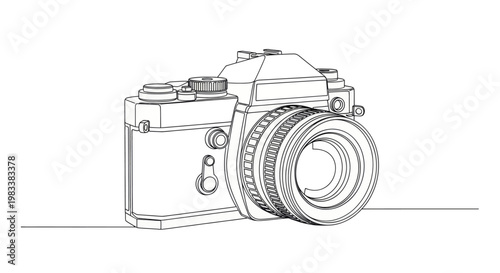 A detailed black and white outline illustration of a vintage film camera