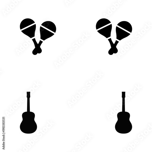 Black silhouette of maracas and acoustic guitar on white background musical instrument percussion