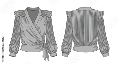 Elegant women's fashion flat sketch depicting a sophisticated wrap blouse with pleated details and blouson sleeves design, perfect for professional