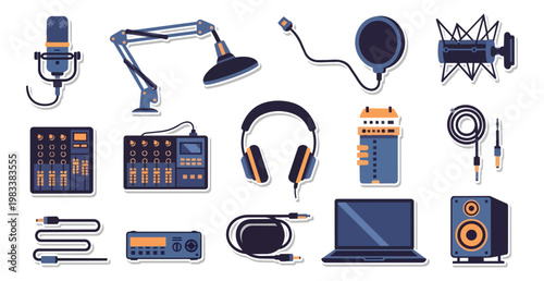 Audio equipment collection vector illustration microphones mixers headphones on black