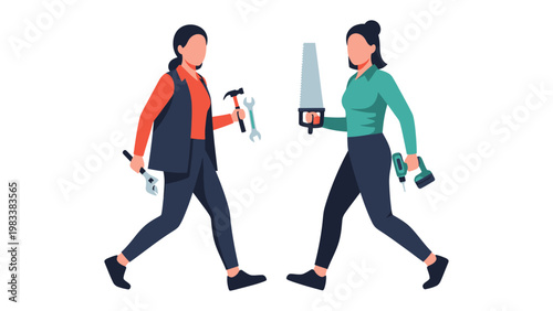 Handy Women at Work: Two skilled women are confidently walking forward, Each holding their tools ready for a home project. they embody empowerment, showcasing their ability to handle various tasks